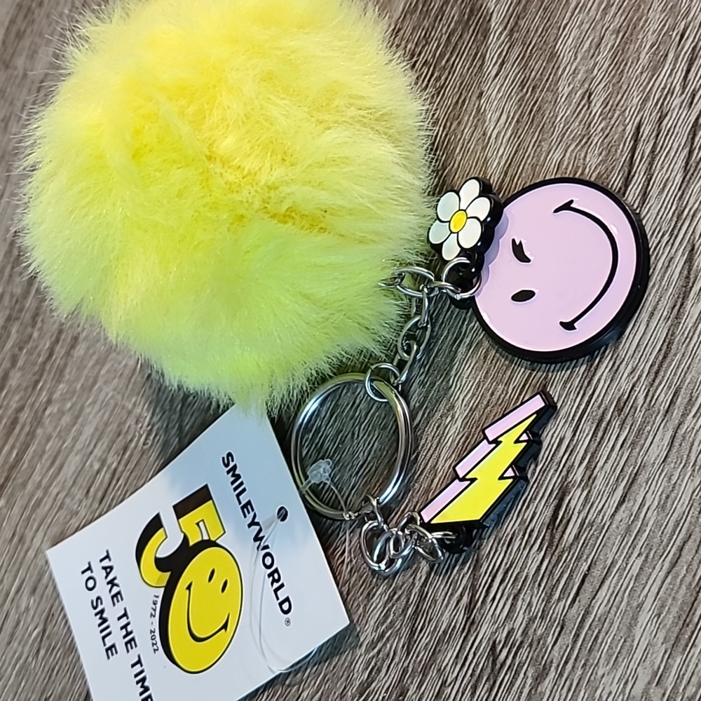 Smiley Face Keychain with Fuzzy Pompom
